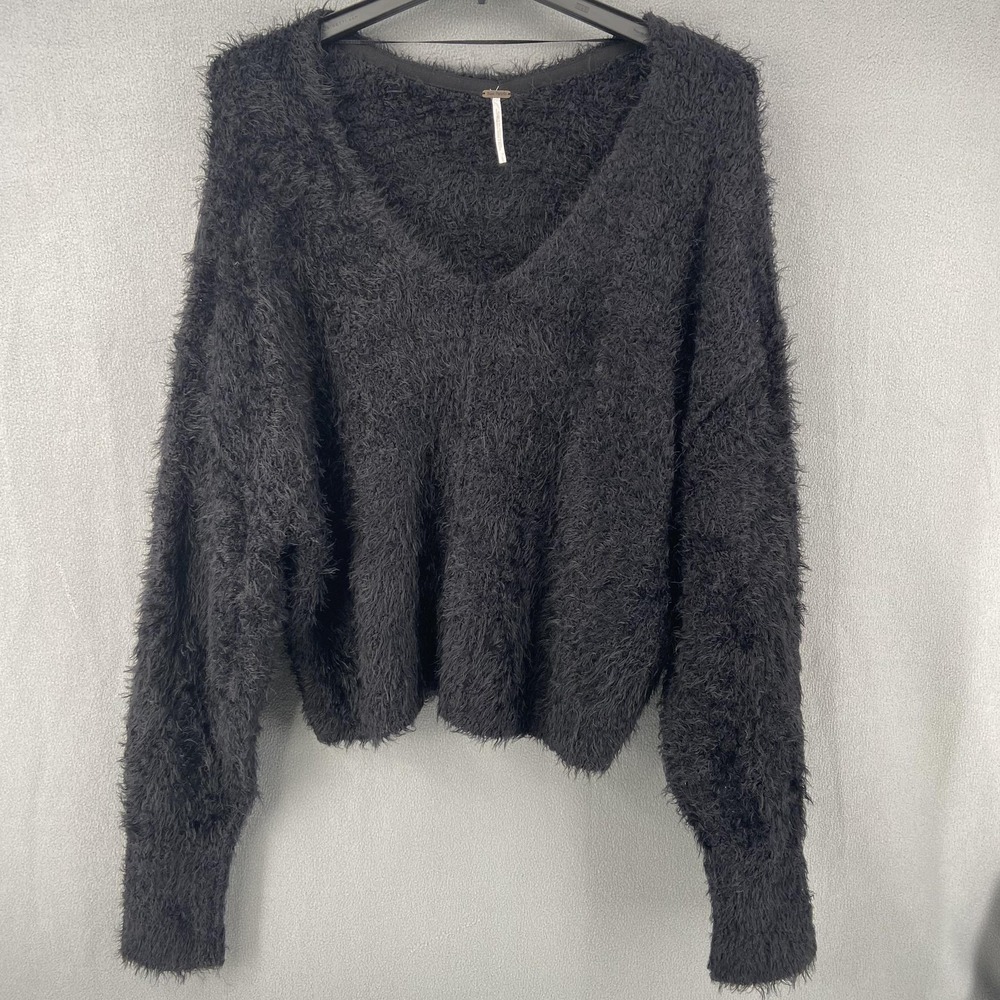 Free People Black Fuzzy V-Neck Sweater